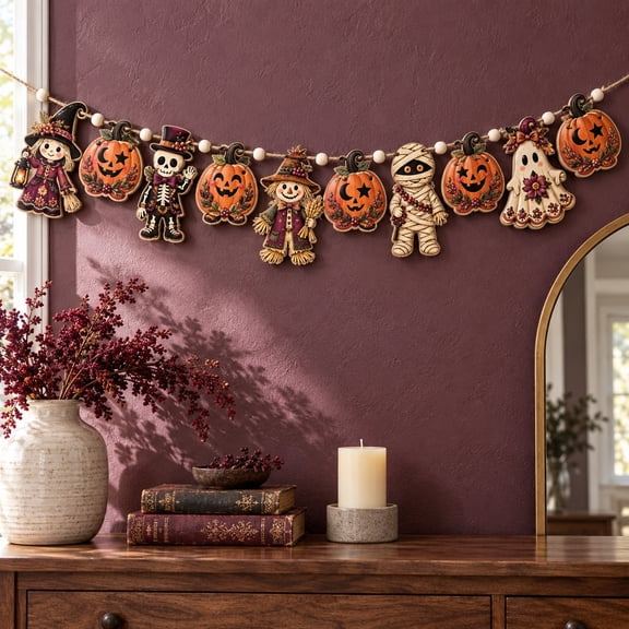 Garland, Retro Halloween Ghost Mummy Skeleton Pumpkin Wooden Mantel Decor
