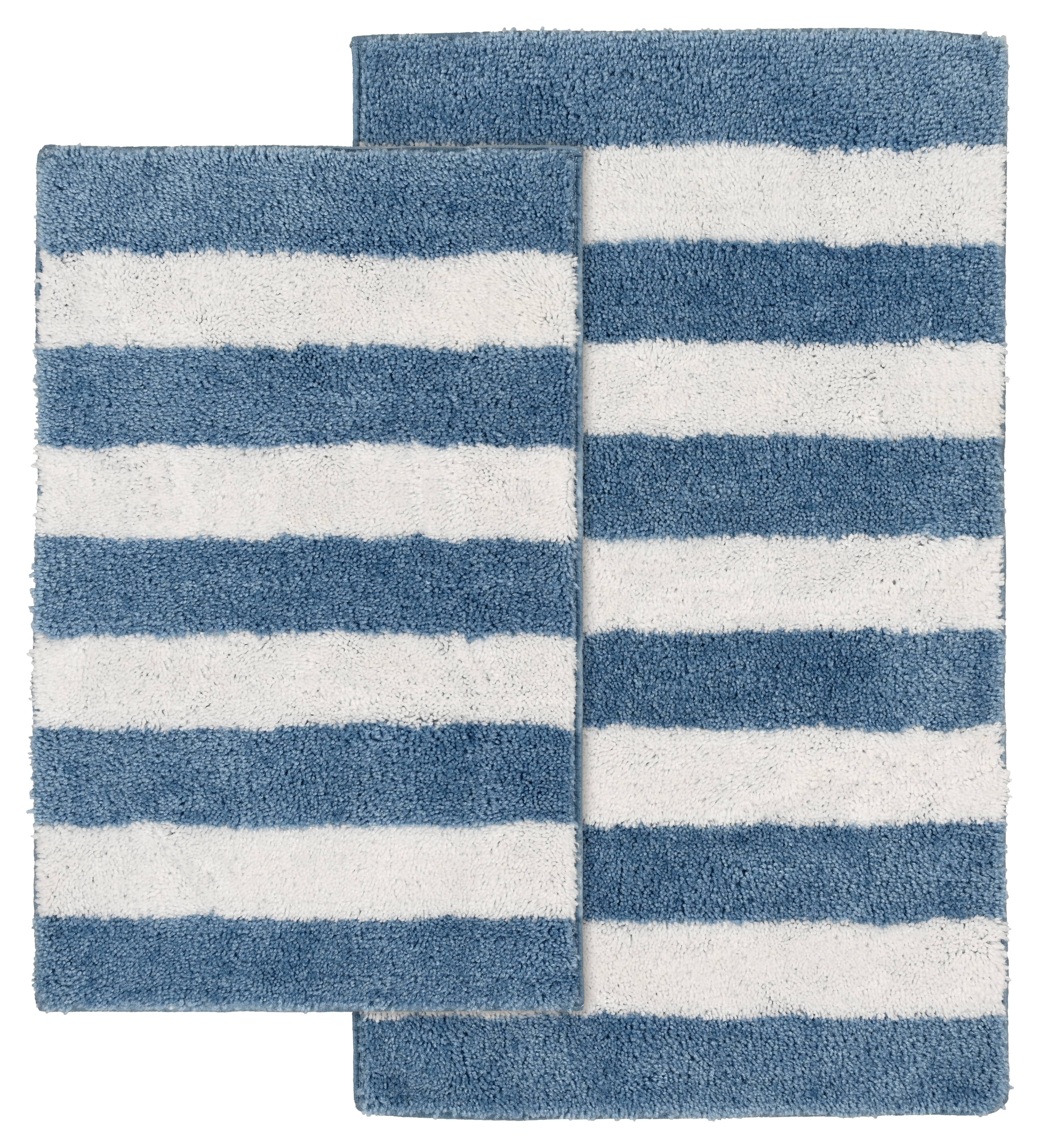 Basin Blue and White Striped Washable Nylon Bath Rug Set