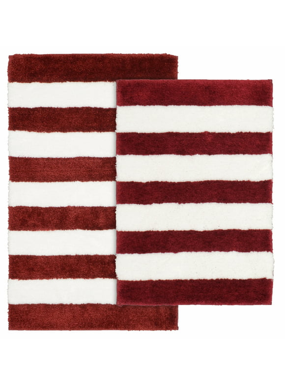 Garland Rug Beach Stripe 2 Piece Washable Bathroom Rug Set Crimson Red/White