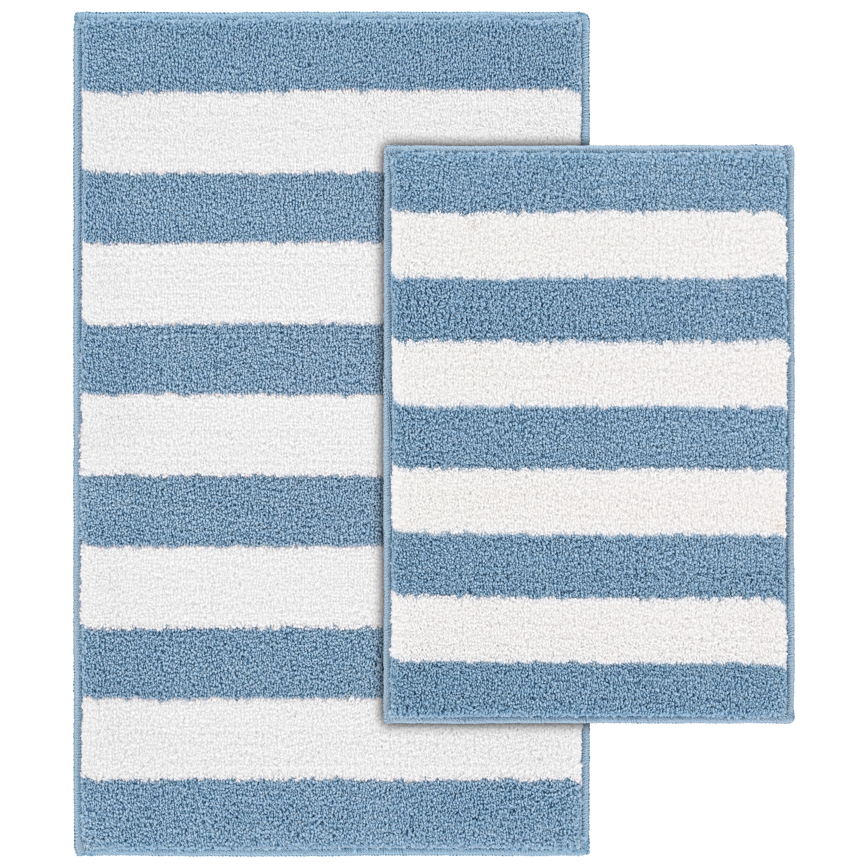 Garland Rug Beach Stripe Washable Bath Rug Set, 2 Piece Set (17"x24" Bath Rug, & 21"x34" Bath Rug) Basin Blue/White