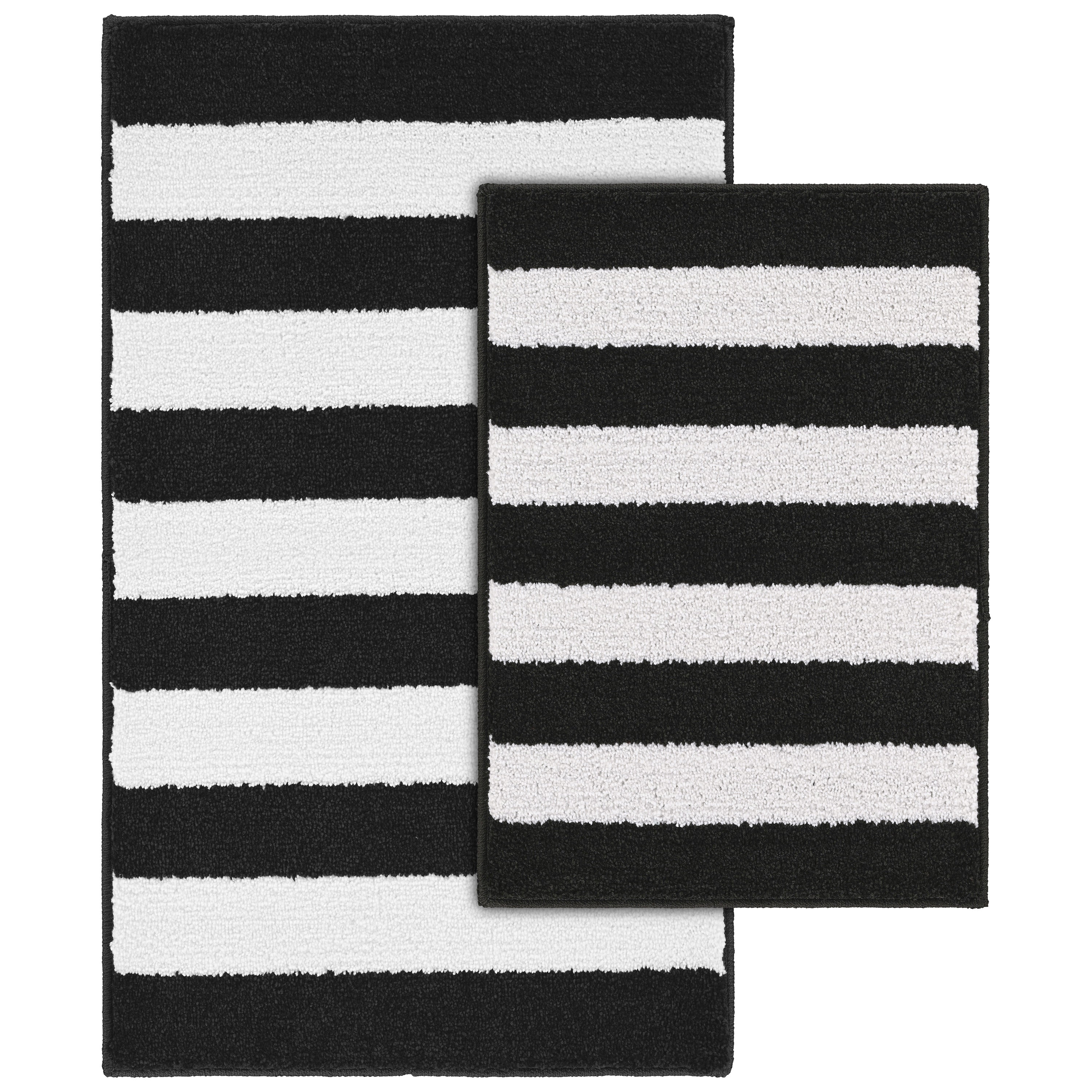 Garland Rug Beach Stripe Washable Bath Rug Set, 2 Piece Set (17"x24" Bath Rug, & 21"x34" Bath Rug) Black/White