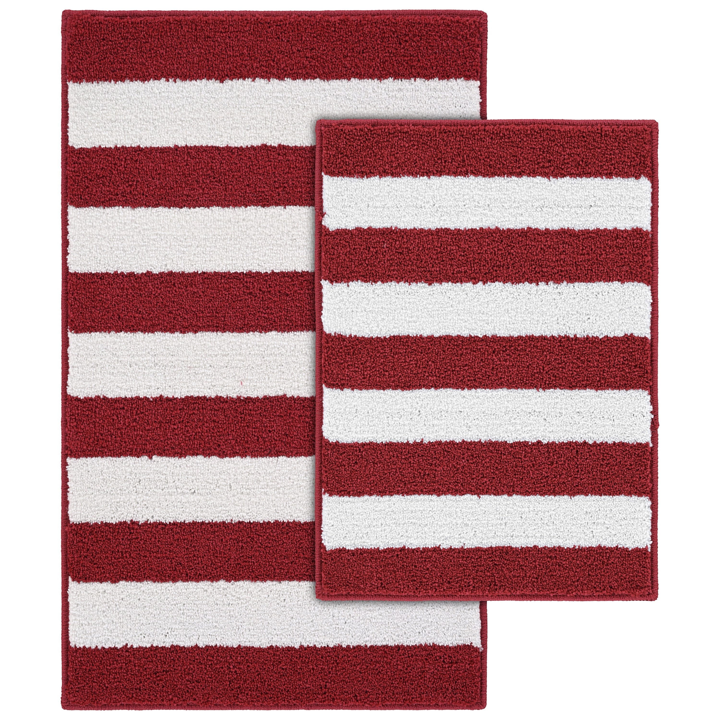 Garland Rug Beach Stripe Washable Bath Rug Set, 2 Piece Set (17"x24" Bath Rug, & 21"x34" Bath Rug) Crimson Red/White