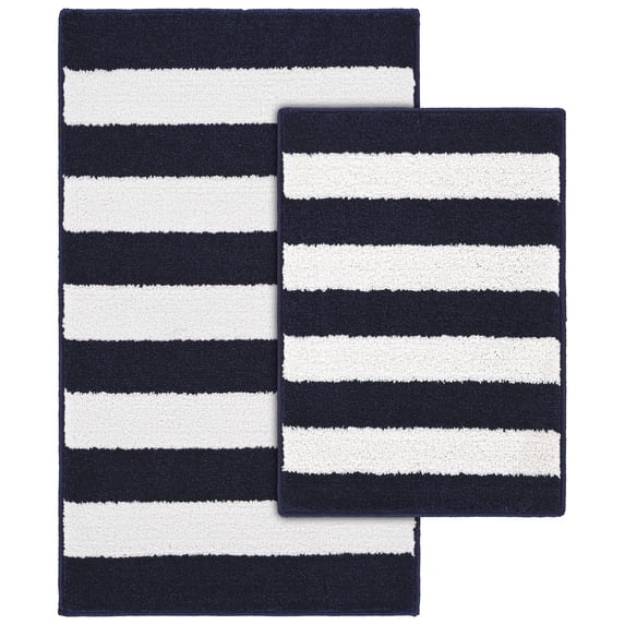 Garland Rug Beach Stripe Washable Bath Rug Set, 2 Piece Set (17"x24" Bath Rug, & 21"x34" Bath Rug) Navy/White