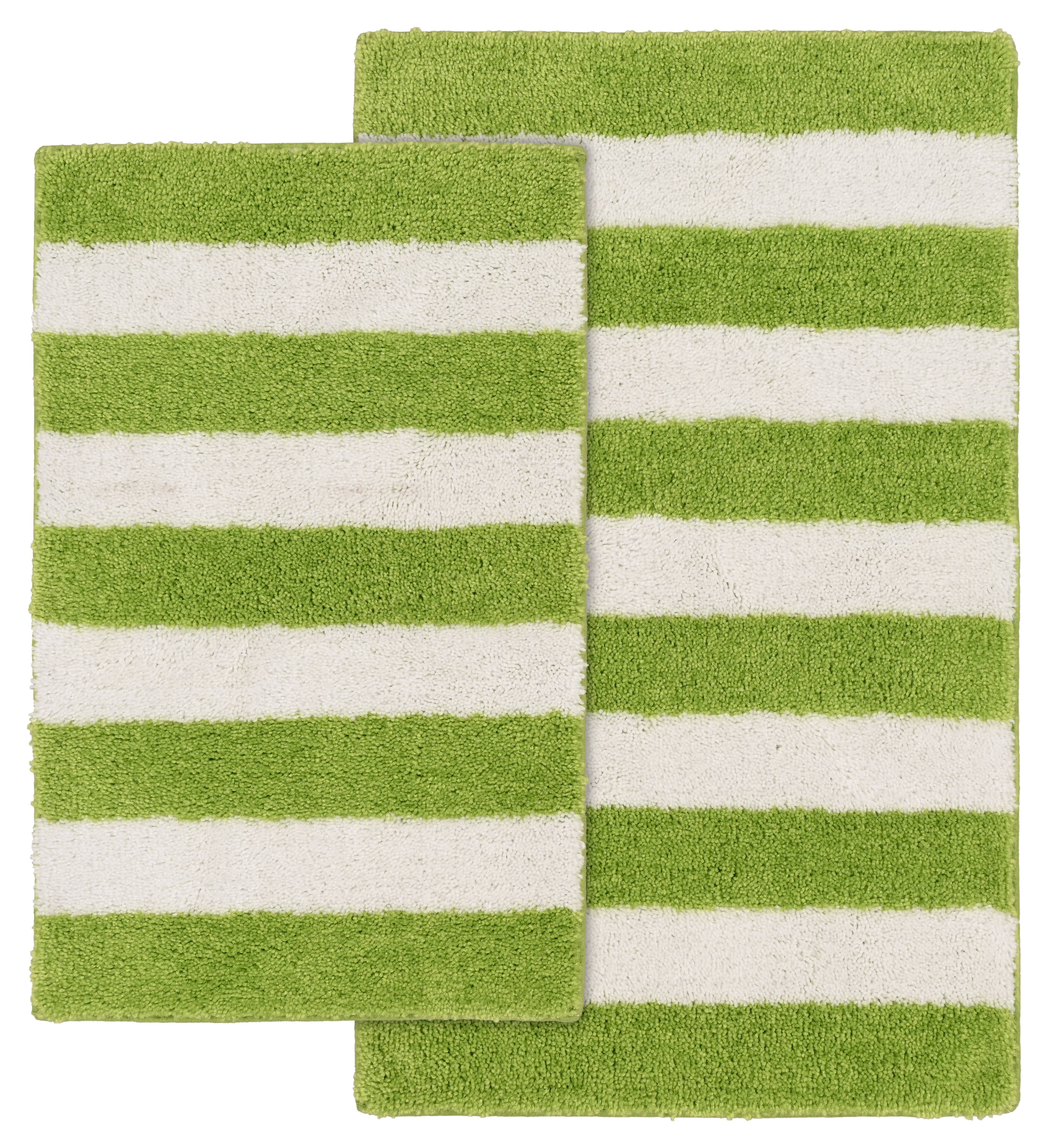 Garland Rug Beach Stripe Washable Bath Rug Set, 2 Piece Set (17"x24" Bath Rug, & 21"x34" Bath Rug) Lime Green/White
