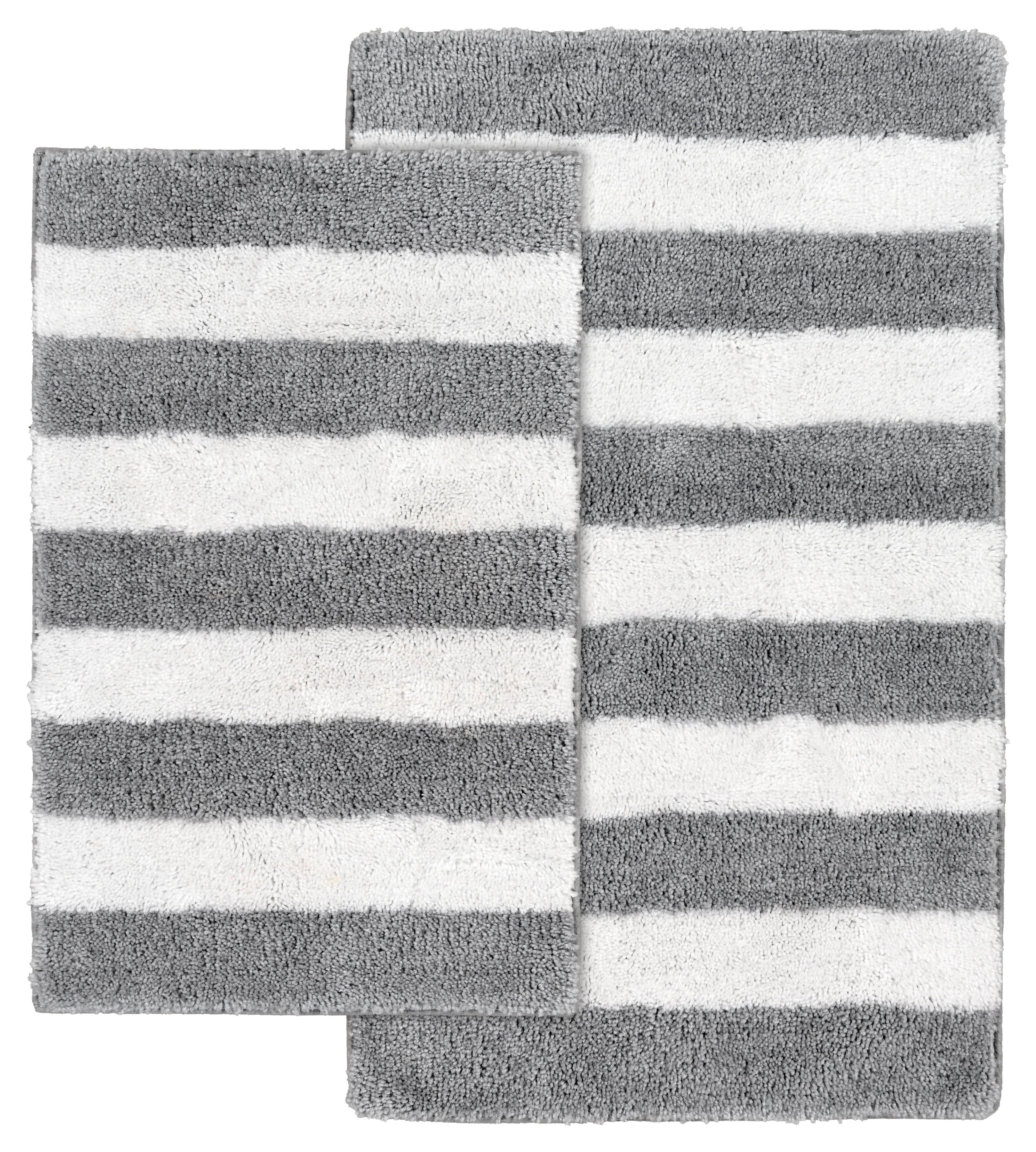 Garland Rug Beach Stripe Washable Bath Rug Set, 2 Piece Set (17"x24" Bath Rug, & 21"x34" Bath Rug) Platinum Gray/White
