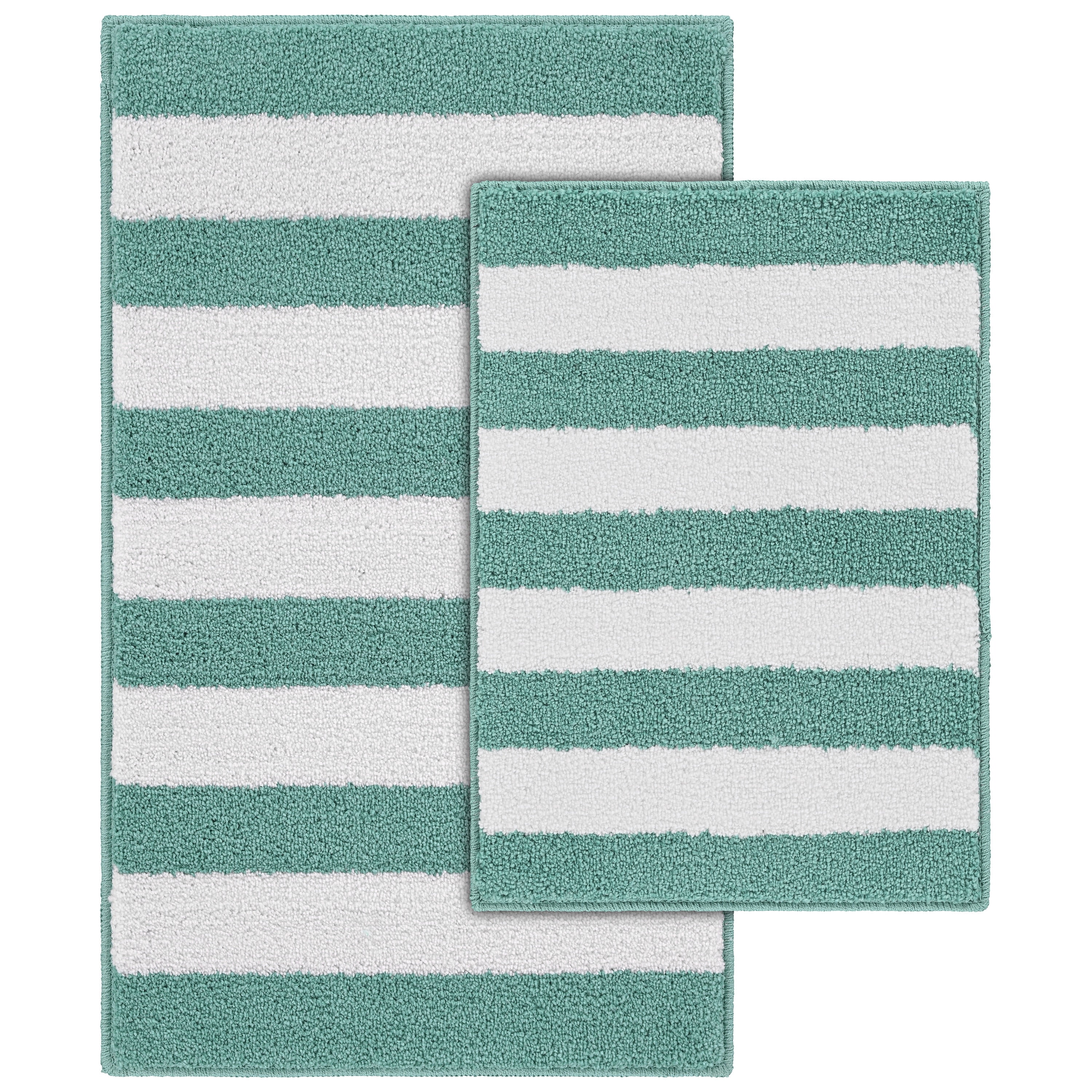 Garland Rug Beach Stripe Washable Bath Rug Set, 2 Piece Set (17"x24" Bath Rug, & 21"x34" Bath Rug) Sea Foam/White