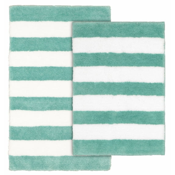 Garland Rug Beach Stripe Washable Bath Rug Set, 2 Piece Set (17"x24" Bath Rug, & 21"x34" Bath Rug) Sea Foam/White