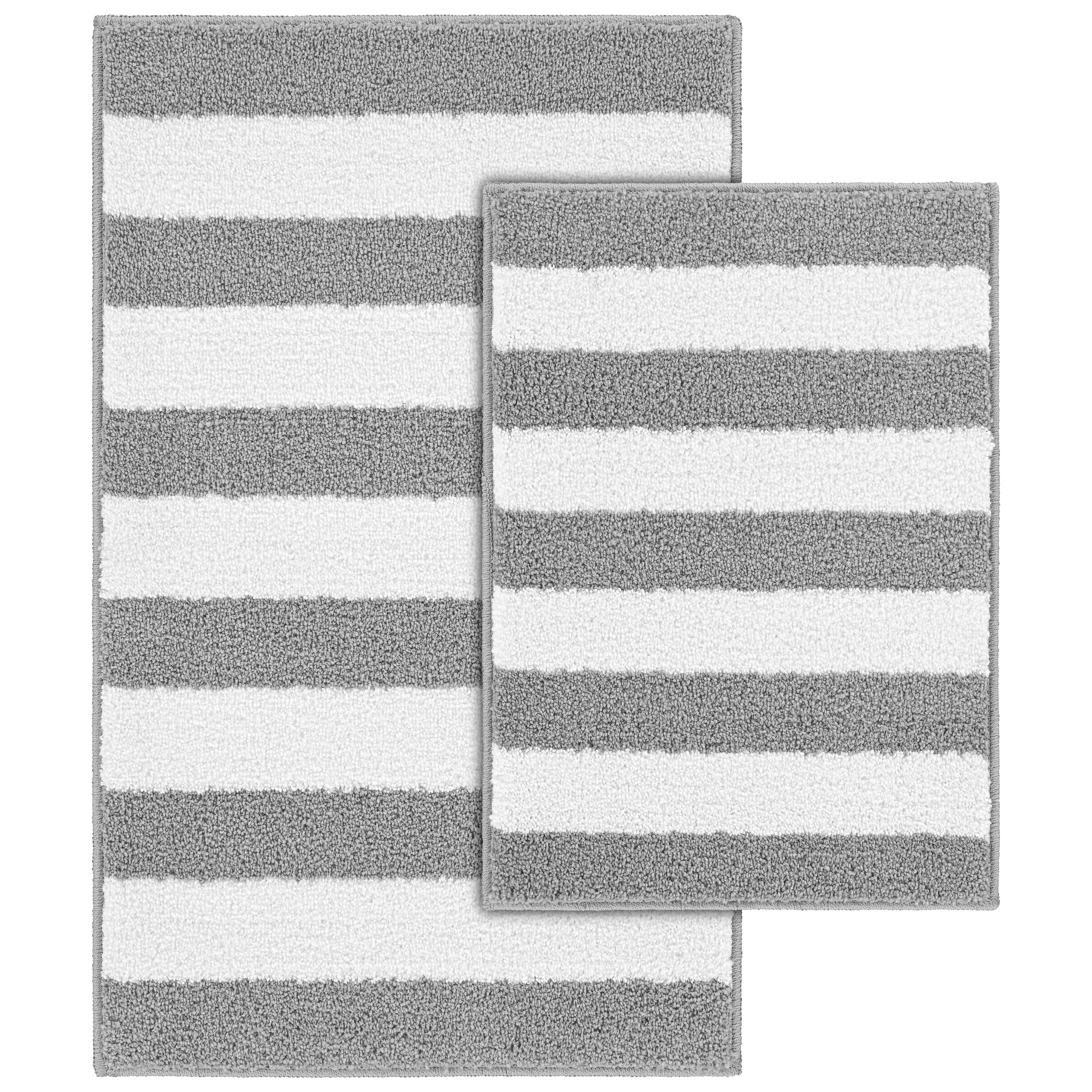 Garland Rug Beach Stripe Washable Bath Rug Set, 2 Piece Set (17"x24" Bath Rug, & 21"x34" Bath Rug) Silver/White