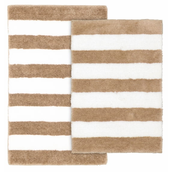 Garland Rug Beach Stripe Washable Bath Rug Set, 2 Piece Set (17"x24" Bath Rug, & 21"x34" Bath Rug) Tan/White