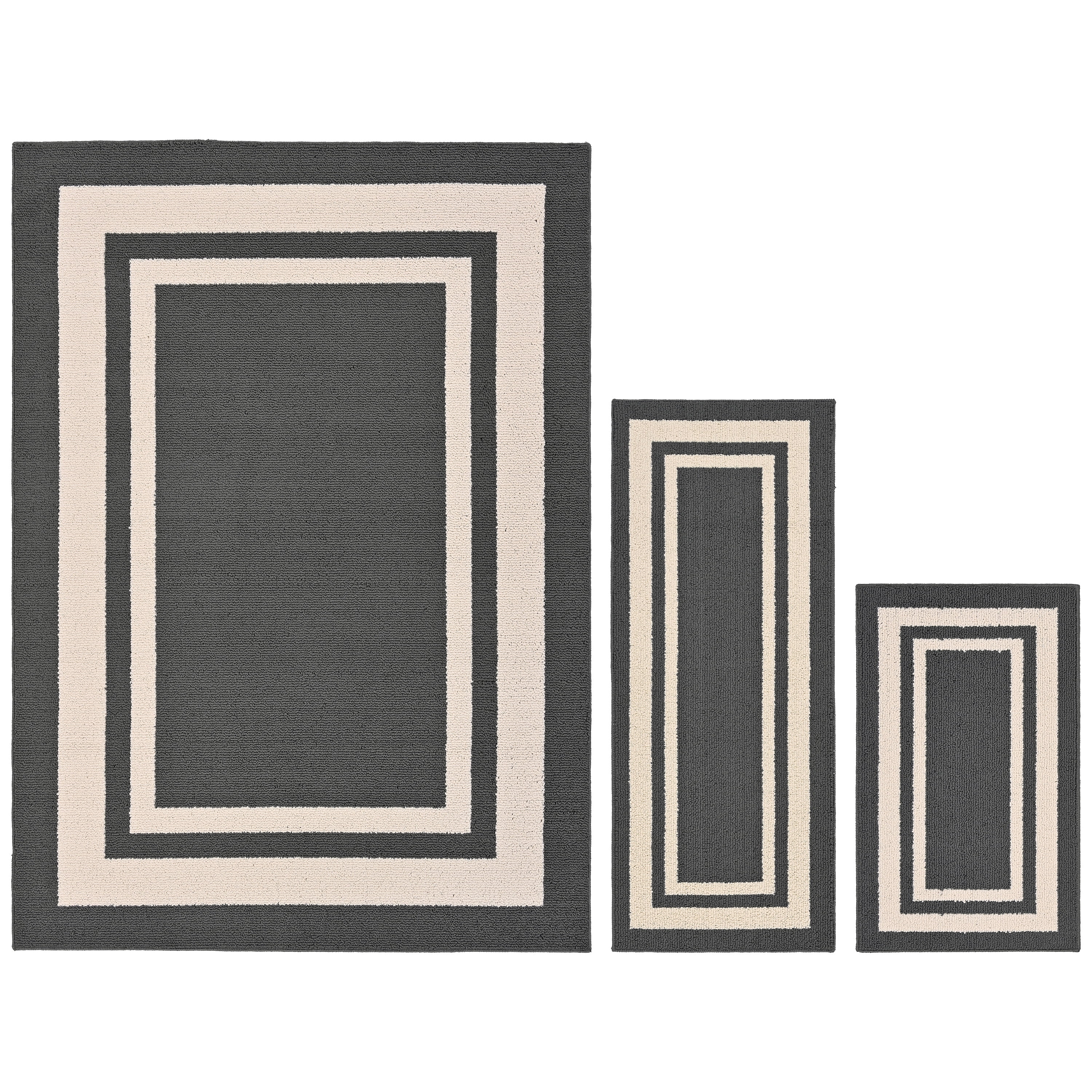 Garland Rug Borderline Polypropylene Cinder Gray/Ivory Indoor/Outdoor Rug Set, 3 Piece Set (24"x40" Accent Rug, 2'x5' Runner Rug, and 5'x7' Area Rug)