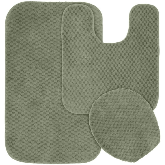 Garland Rug Cabernet Washable Nylon Bath Rug Set, 3 Piece Set (21"x34" Bath Rug, Contour Rug, & Toilet Lid) Deep Fern