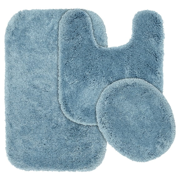 Garland Rug Finest Luxury Washable Bath Set, 3 Piece Set (21"x34" Bath Rug, Contour Rug, & Toilet Lid) Basin Blue