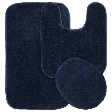 Garland Rug Gramercy Washable Bath Rug Set, 3 Piece (20"x34", Contour Rug, & Toilet Lid) Navy