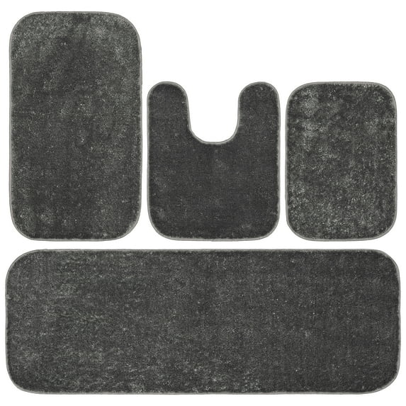 Garland Rug Gramercy Washable Bath Rug Set, 4-Piece (2 Bath Rugs, Contour Rug, Runner Rug) Cinder Gray