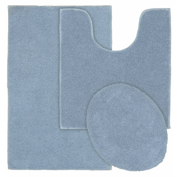 Garland Rug Queen Cotton Washable Bath Rug Set, 3 Piece Set (21"x34" Bath Rug, Contour Rug, & Toilet Lid) Sky Blue