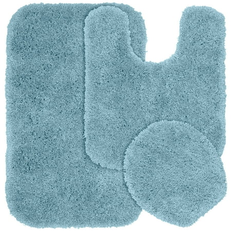 Garland Rug Serendipity Washable Nylon Bath Rug Set, 3 Piece Set (21"x34" Bath Rug, Contour Rug, & Toilet Lid) Basin Blue