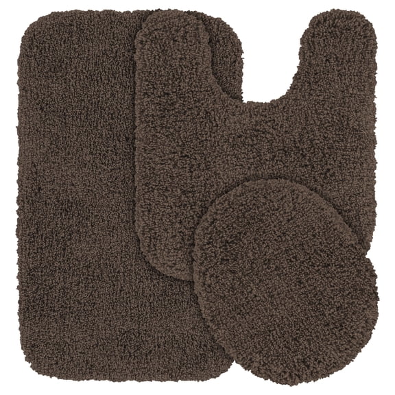 Garland Rug Serendipity Washable Nylon Bath Rug Set, 3 Piece Set (21"x34" Bath Rug, Contour Rug, & Toilet Lid) Chocolate