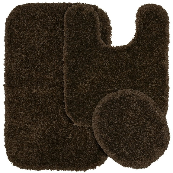 Garland Rug Serendipity Washable Nylon Bath Rug Set, 3 Piece Set (21"x34" Bath Rug, Contour Rug, & Toilet Lid) Chocolate