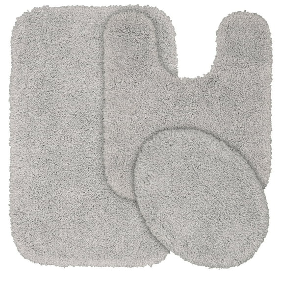 Garland Rug Serendipity Washable Nylon Bath Rug Set, 3 Piece Set (21"x34" Bath Rug, Contour Rug, & Toilet Lid) Platinum Gray