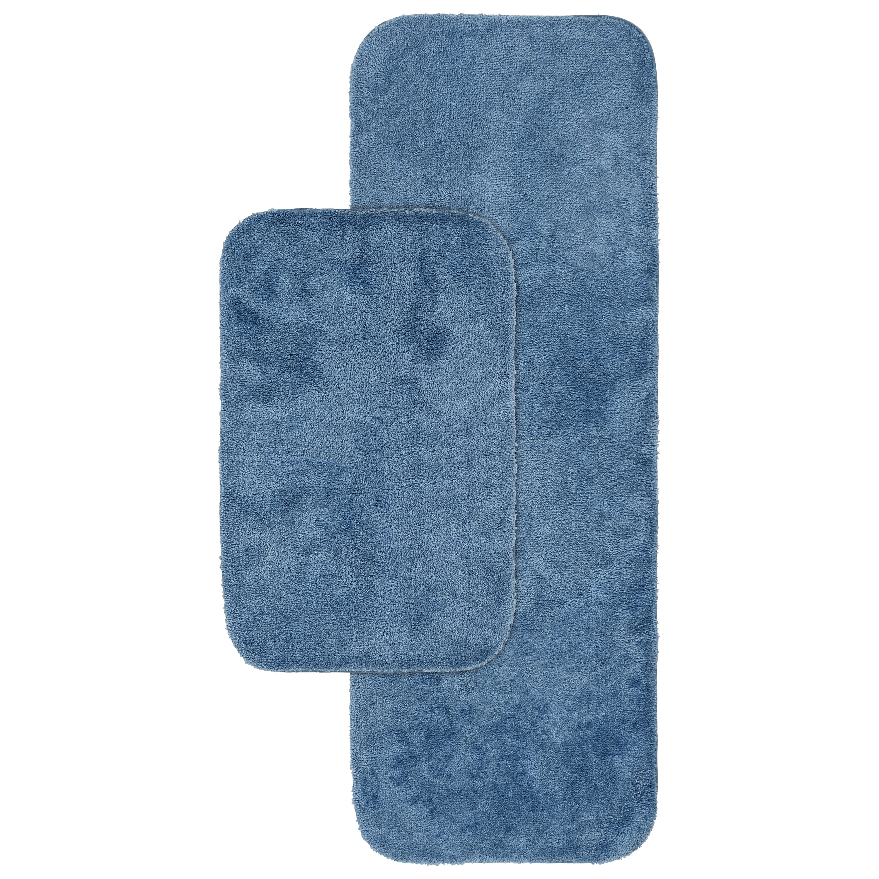 Basin Blue Nylon Washable Bathroom Rug Set with Runner
