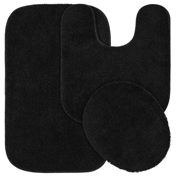 Garland Rug Traditional Washable Bath Rug Set, 3 Piece Set (21"x34" Bath Rug, Contour Rug, & Toilet Lid) Black
