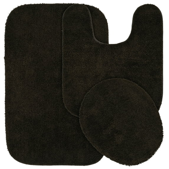 Garland Rug Traditional Washable Bath Rug Set, 3 Piece Set (21"x34" Bath Rug, Contour Rug, & Toilet Lid) Chocolate