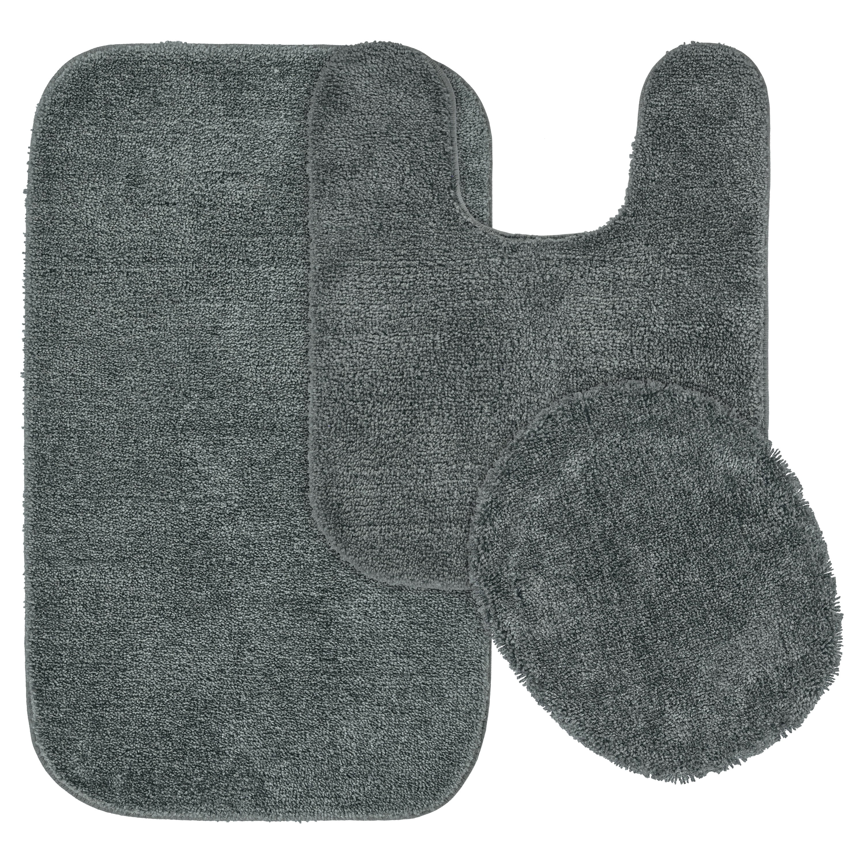 Garland Rug Traditional Washable Bath Rug Set, 3 Piece Set (21"x34" Bath Rug, Contour Rug, & Toilet Lid) Dark Gray