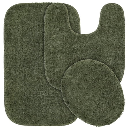 Garland Rug Traditional Washable Bath Rug Set, 3 Piece Set (21"x34" Bath Rug, Contour Rug, & Toilet Lid) Deep Fern