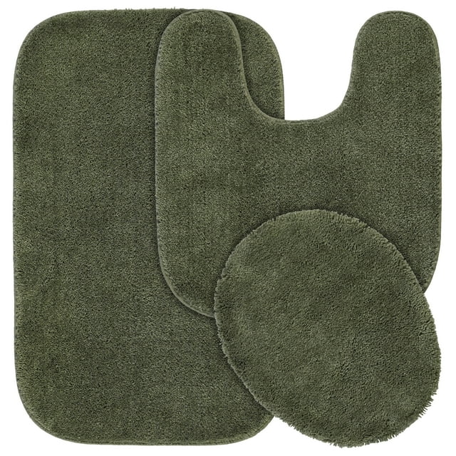 Garland Rug Traditional Washable Bath Rug Set, 3 Piece Set (21"x34" Bath Rug, Contour Rug, & Toilet Lid) Deep Fern