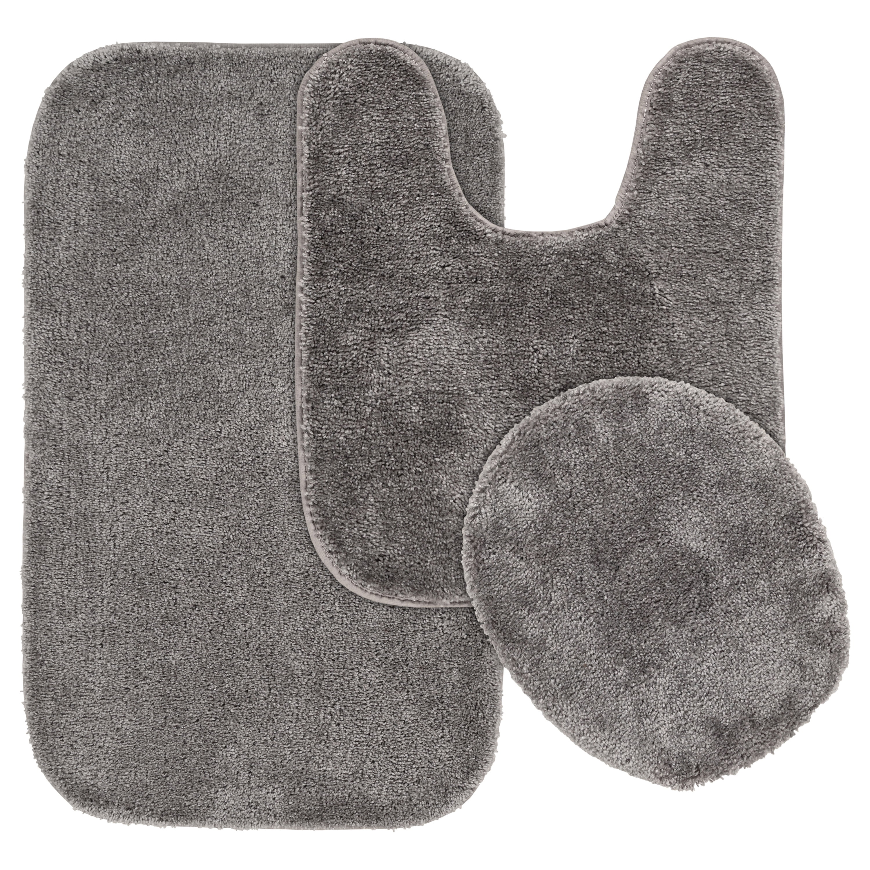 Garland Rug Traditional Washable Bath Rug Set, 3 Piece Set (21"x34" Bath Rug, Contour Rug, & Toilet Lid) Medium Gray