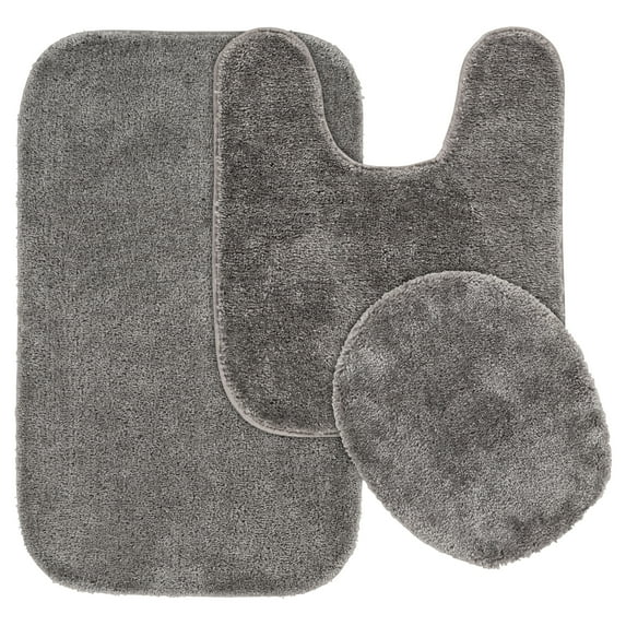 Garland Rug Traditional Washable Bath Rug Set, 3 Piece Set (21"x34" Bath Rug, Contour Rug, & Toilet Lid) Medium Gray