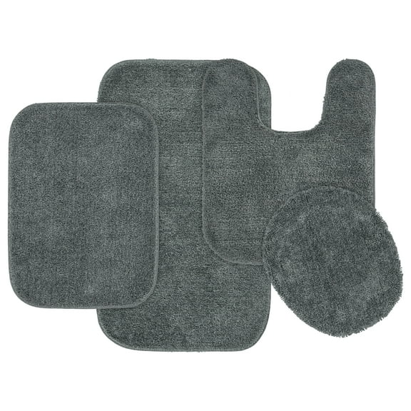 Garland Rug Traditional Washable Bath Rug Set, 4 Piece Set (2 Bath Rugs, Contour, & Lid) Dark Gray