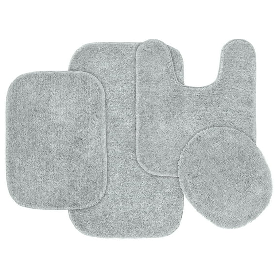 Garland Rug Traditional Washable Bath Rug Set, 4 Piece Set (2 Bath Rugs, Contour, & Lid) Platinum Gray