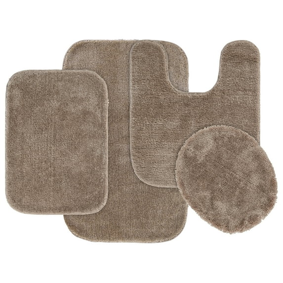 Garland Rug Traditional Washable Bath Rug Set, 4 Piece Set (2 Bath Rugs, Contour, & Lid) Taupe