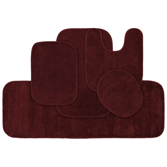 Garland Rug Traditional Washable Bath Rug Set, 5 Piece Set (2 Bath Rugs, Contour, Lid, & Runner) Chili Red