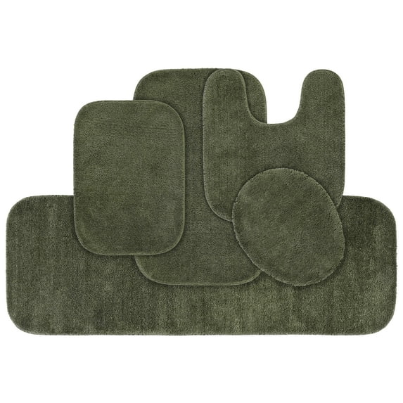 Garland Rug Traditional Washable Bath Rug Set, 5 Piece Set (2 Bath Rugs, Contour, Lid, & Runner) Deep Fern