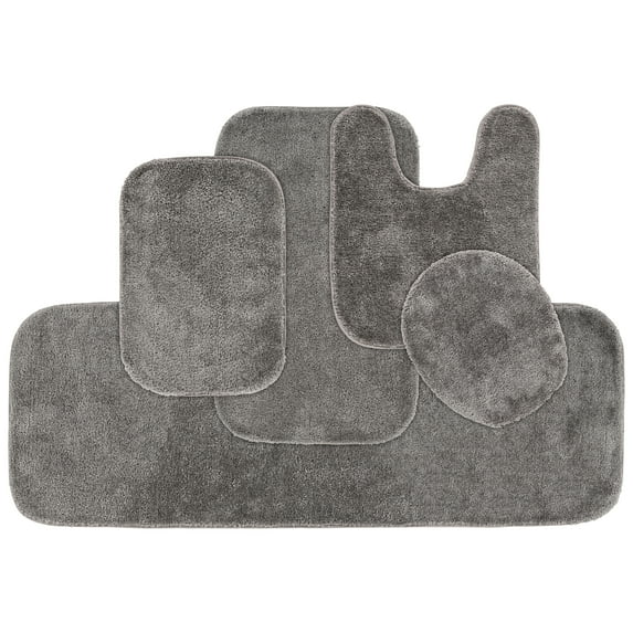 Garland Rug Traditional Washable Bath Rug Set, 5 Piece Set (2 Bath Rugs, Contour, Lid, & Runner) Medium Gray