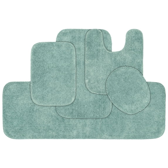 Garland Rug Traditional Washable Bath Rug Set, 5 Piece Set (2 Bath Rugs, Contour, Lid, & Runner) Sea Foam