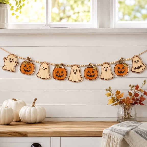 Garland Rustic Halloween Pumpkin Ghost Wooden Mantel Decor for Fall