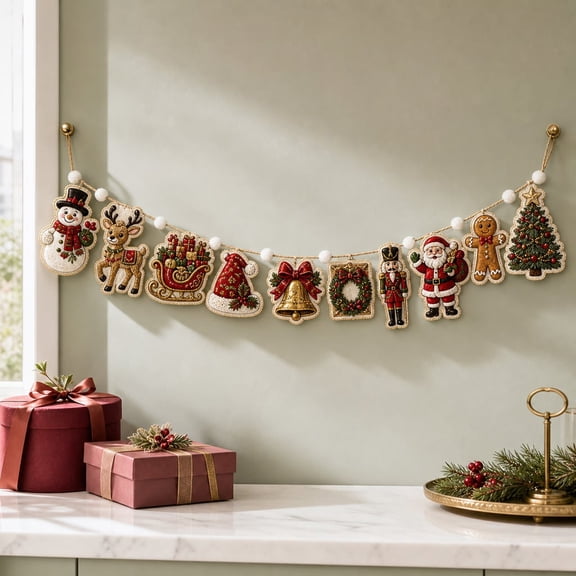 Garland Santa Reindeer Nutcracker Wooden Wall Hanging Mantel Banner Christmas Decor