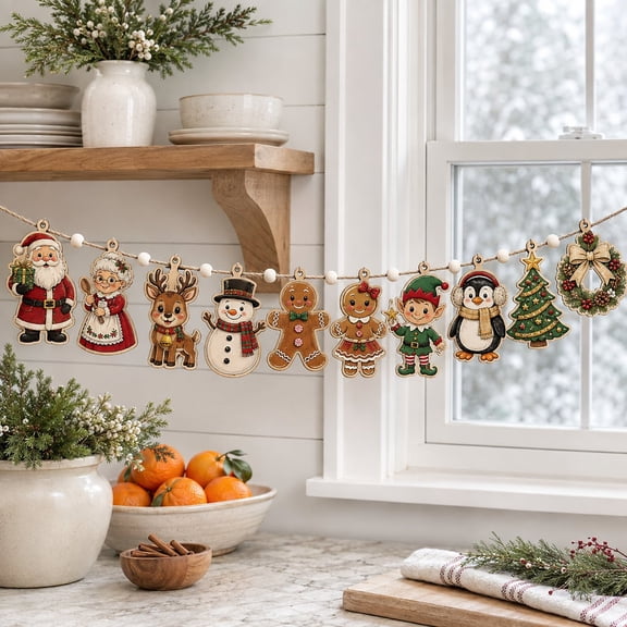 Garland Santa Reindeer Snowman Wooden Mantel Hanging Christmas Decor