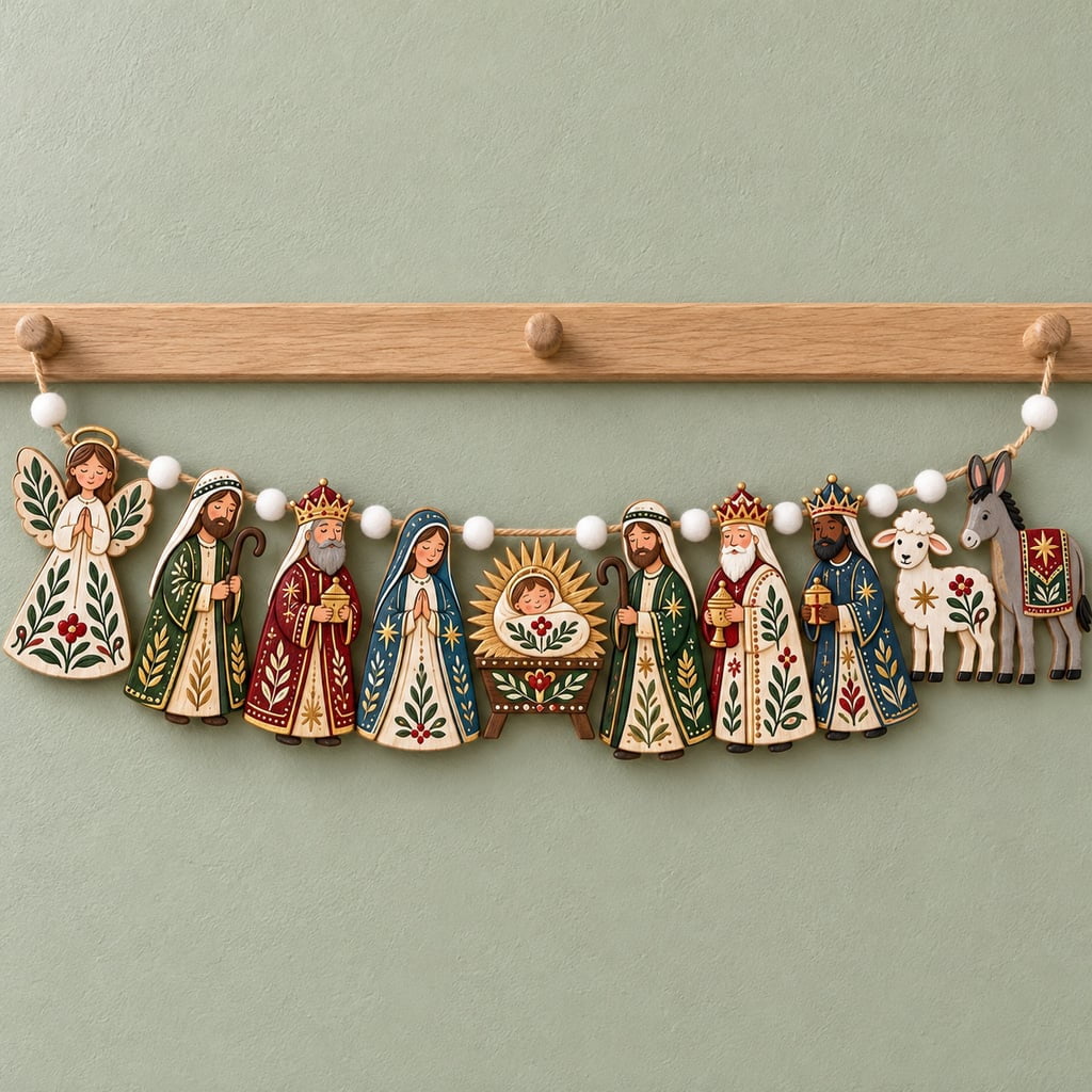 Garland Scandinavian Nativity Wooden Nordic Folk Art Christmas Decor ...