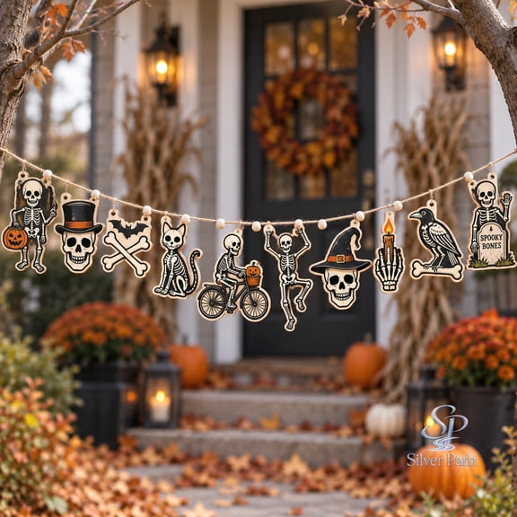 Ornament Wooden Garland, Skeleton Halloween Wooden Bunting for Porch Entryway Party Decor