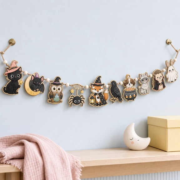 Garland Spooky Animal Black Cat Ghost Pumpkin Bat Wooden Mantel Fireplace Wall Hanging Halloween Decor
