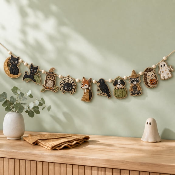 Garland Spooky Animal Black Cat Ghost Pumpkin Bat Wooden Mantel Fireplace Wall Hanging Halloween Decor