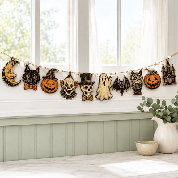 Garland Spooky Ghost Clown Black Cat Pumpkin Wooden Mantel Decor Halloween