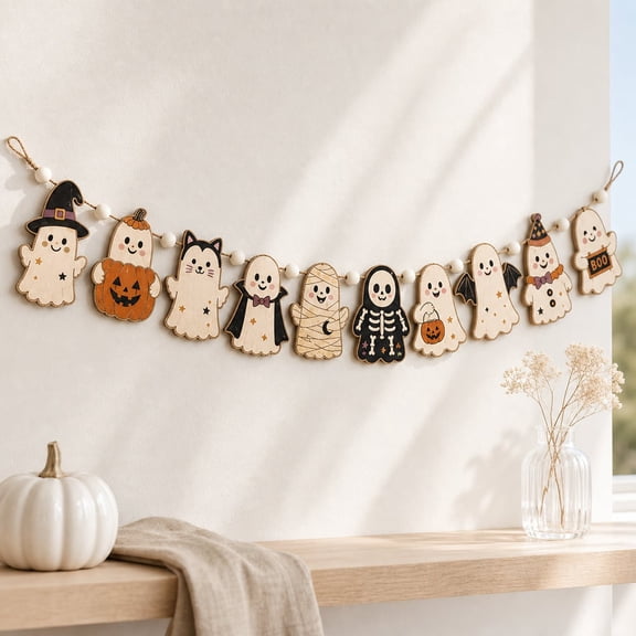 Garland Spooky Ghost Costume Pumpkin Cat Mummy Skeleton Wooden Mantel Wall Decor Halloween Party