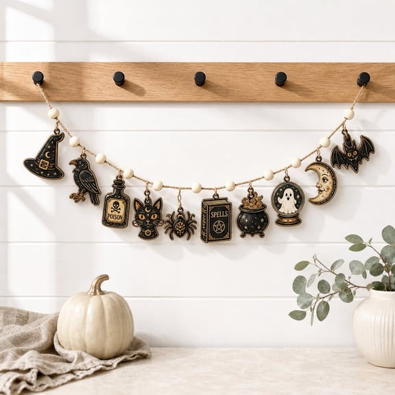 Garland Spooky Witch Black Cat Bat Ghost Wooden Mantel Banner for Gothic Halloween Decor