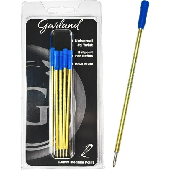 Garland Universal #1 Cross Compatible Ballpoint Pen Refill, USA Made, 1.0mm Medium Point, Smooth Writing, 5 Pack (Blue)