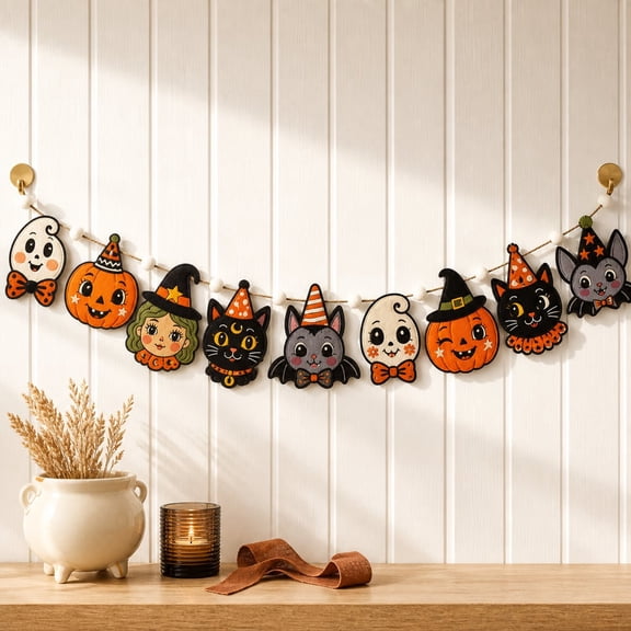 Garland Vintage Black Cat Ghost Pumpkin Wooden Mantel Fireplace Hanging Decor Halloween Party